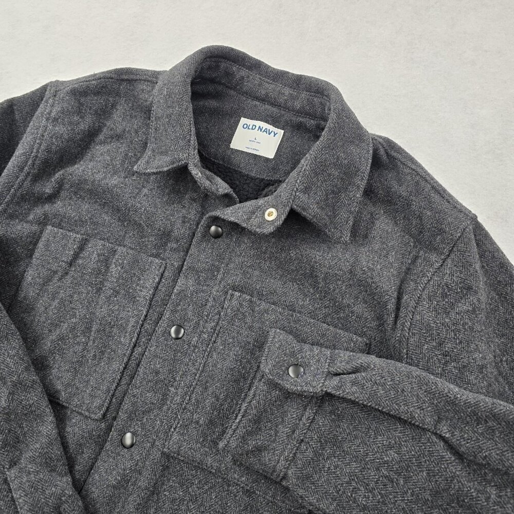 Old Navy Wool Blend Sherpa Lined Herringbone Shirt Jacket Shacket Sz Large Gray